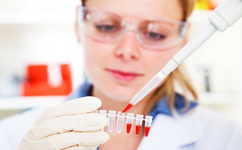 Лаборантка в защитных очках сортирует образцы крови